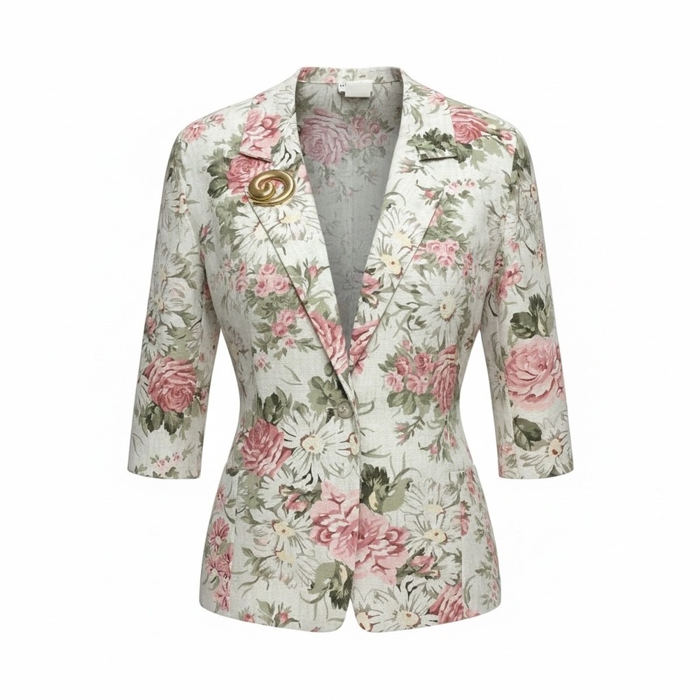 Alice Stuart Vintage Floral Blazer Pink Rose Linen Blend Jacket w/Gold Brooch L